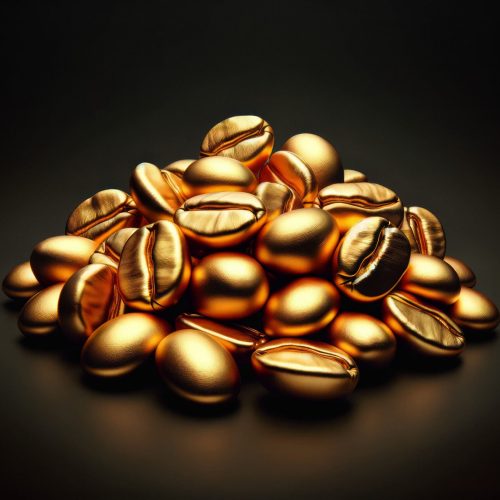 Golden coffee beans pile isolated on a black background