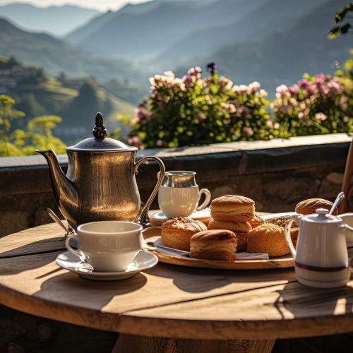 Breakfast with coffee and fresh pastries on the terrace overlooking the mountains